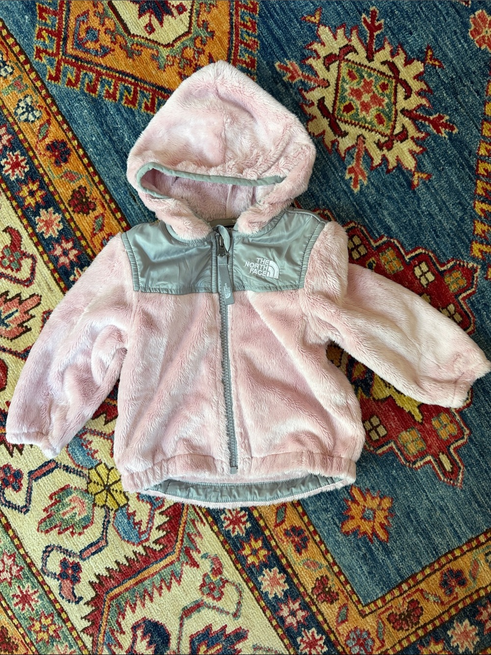The North Face Pink Plush Hooded Fleece with Gray Panels
